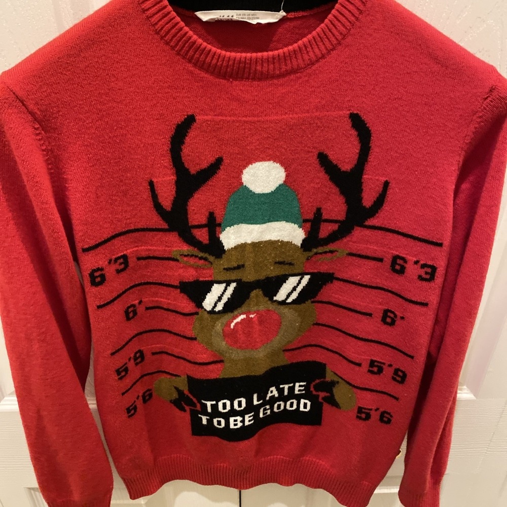 H&M Ugly Christmas Sweater Youth 14 Red Reindeer Bad Good Mugshot - Picture 5 of 7